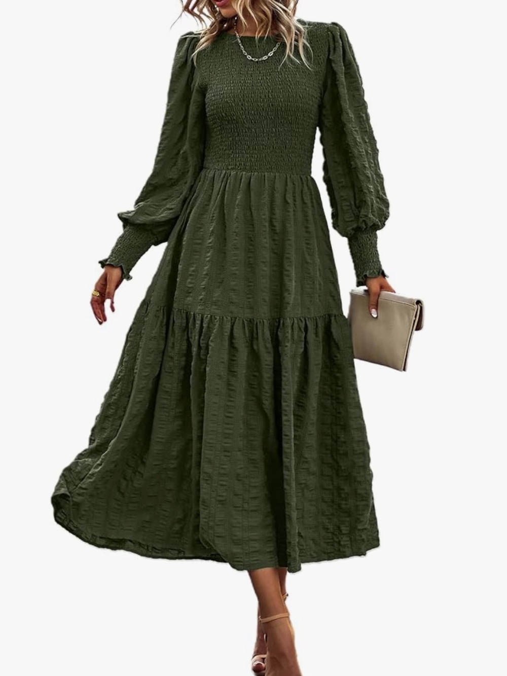 Olive Smocked Long Sleeve Maxi Dress